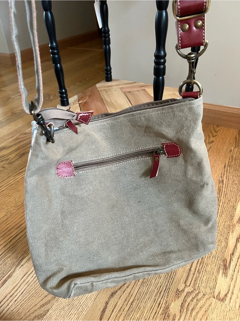 Handbag with Natural Cowhide Patch and Floral Canvas - Brown/White